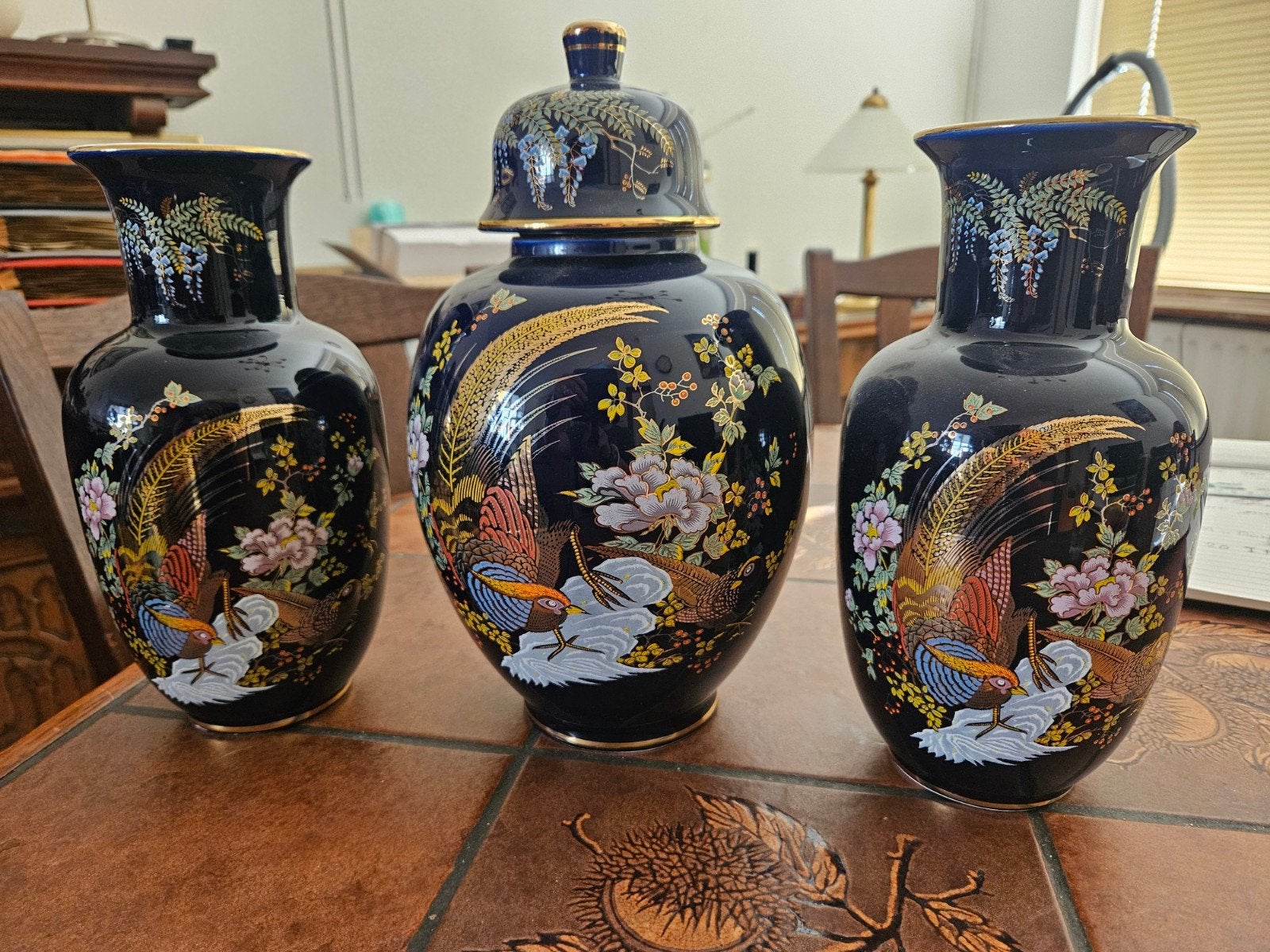 Set van 3 Japanse vazen met deksel, blauw met goud, Ophalen