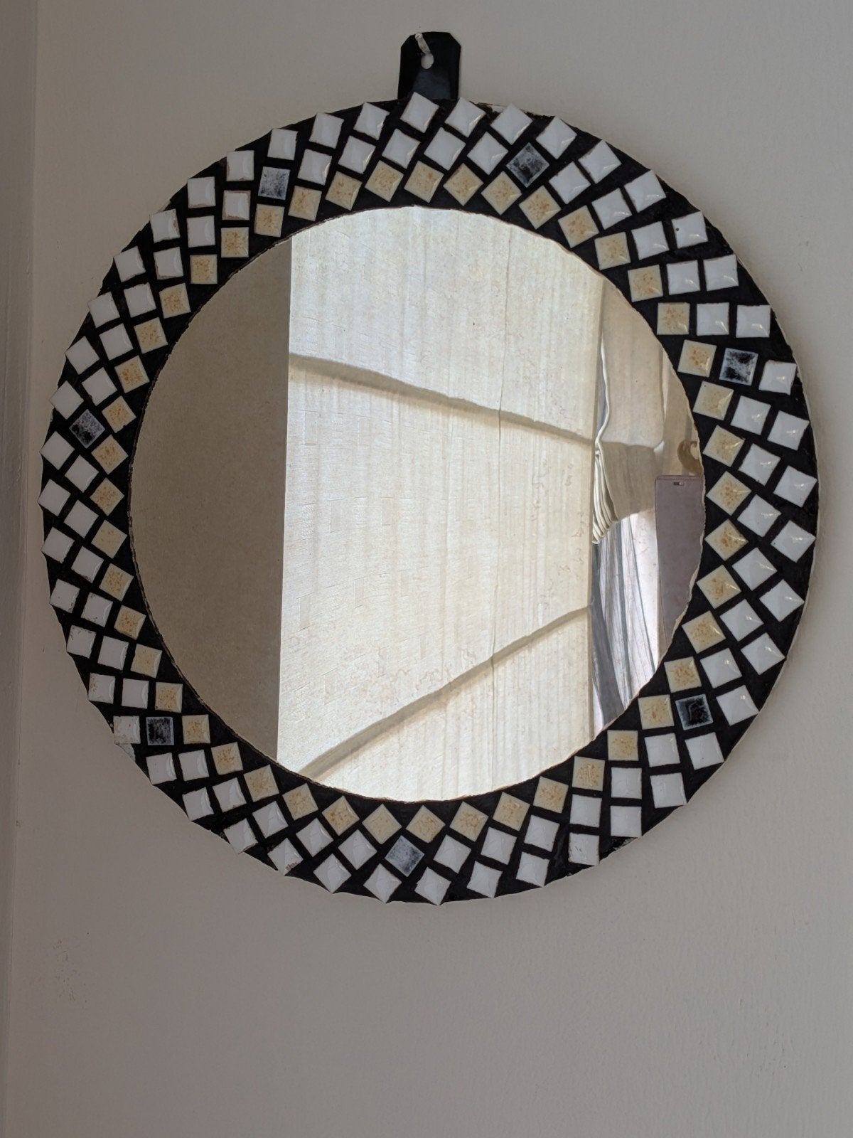 Vintage Mozaïek Spiegel Jaren '60 Zwart Wit Ø 28 cm, Ophalen of Verzenden, Rond, Minder dan 50 cm