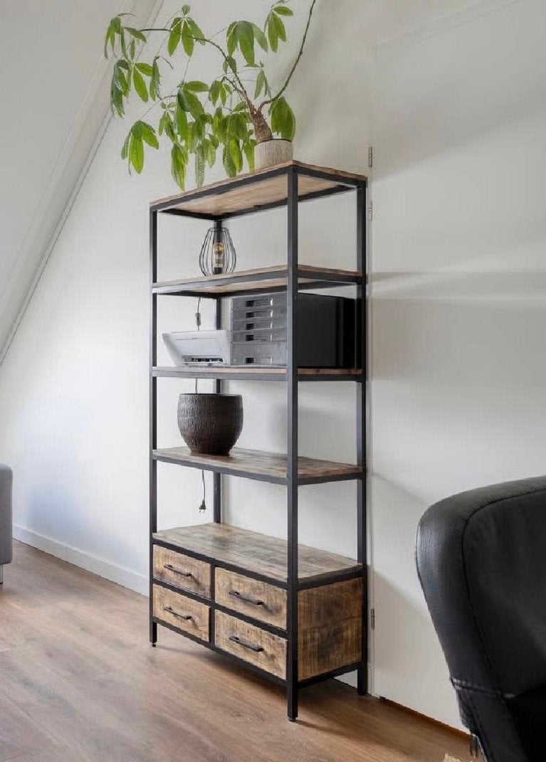 Stevige stalen kast met houten planken en lades 193x80x40, Ophalen, Gebruikt, 50 tot 100 cm, Metaal
