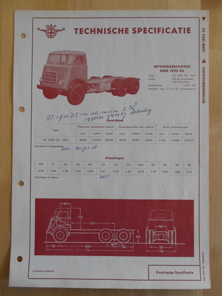 DAF 1900 DS Technische Specificatie 1963 Kikker 1902, Ophalen of Verzenden, Zo goed als nieuw, Overige merken, DAF