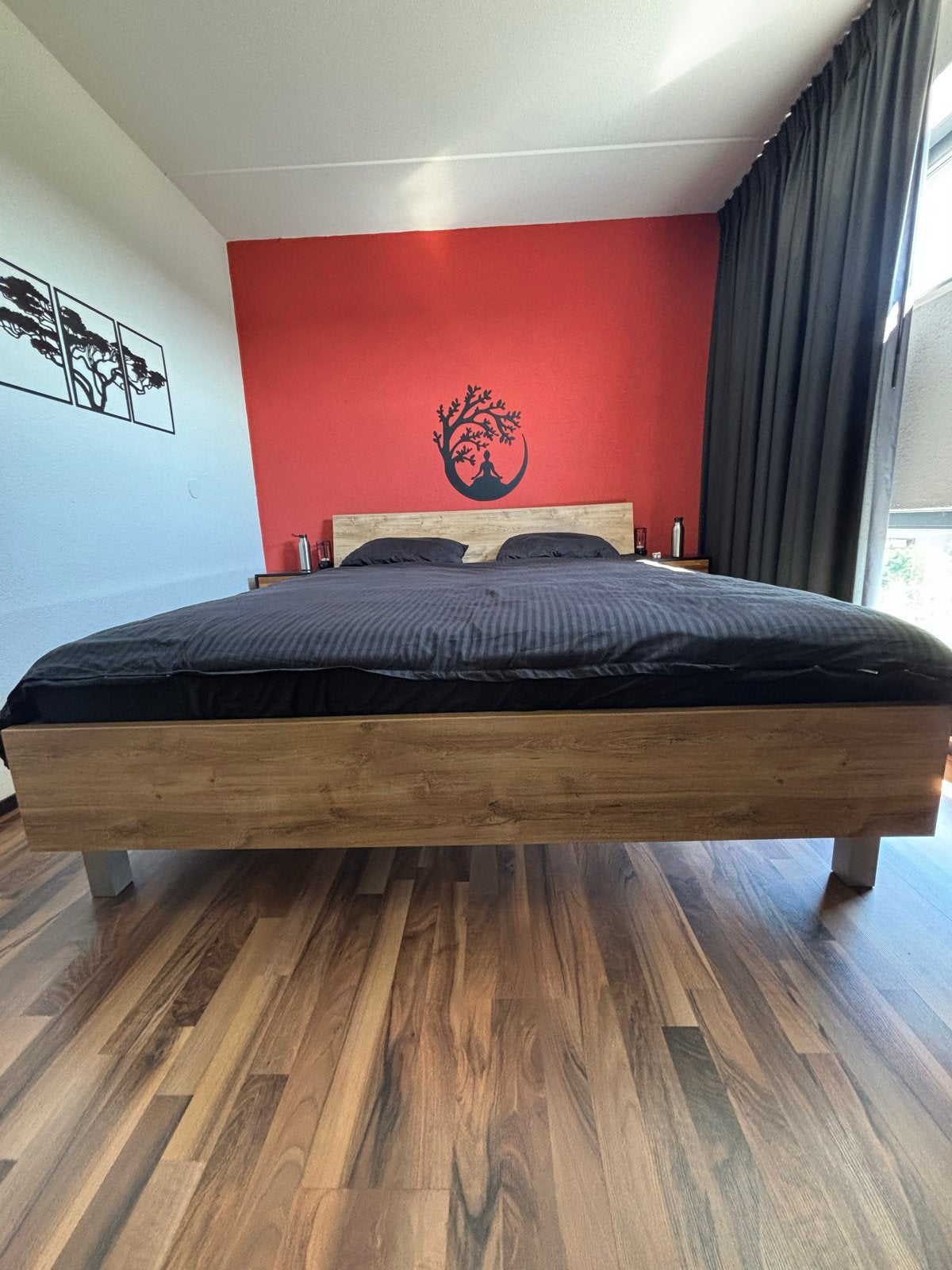Tweepersoonsbed met lattenbodems en matrassen, Ophalen, Verstelbaar, Bruin, Tweepersoons