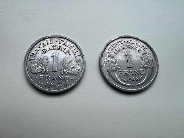 Munten Frankrijk 1 Franc 1945 en 1946, Ophalen of Verzenden, Frankrijk, Losse munt
