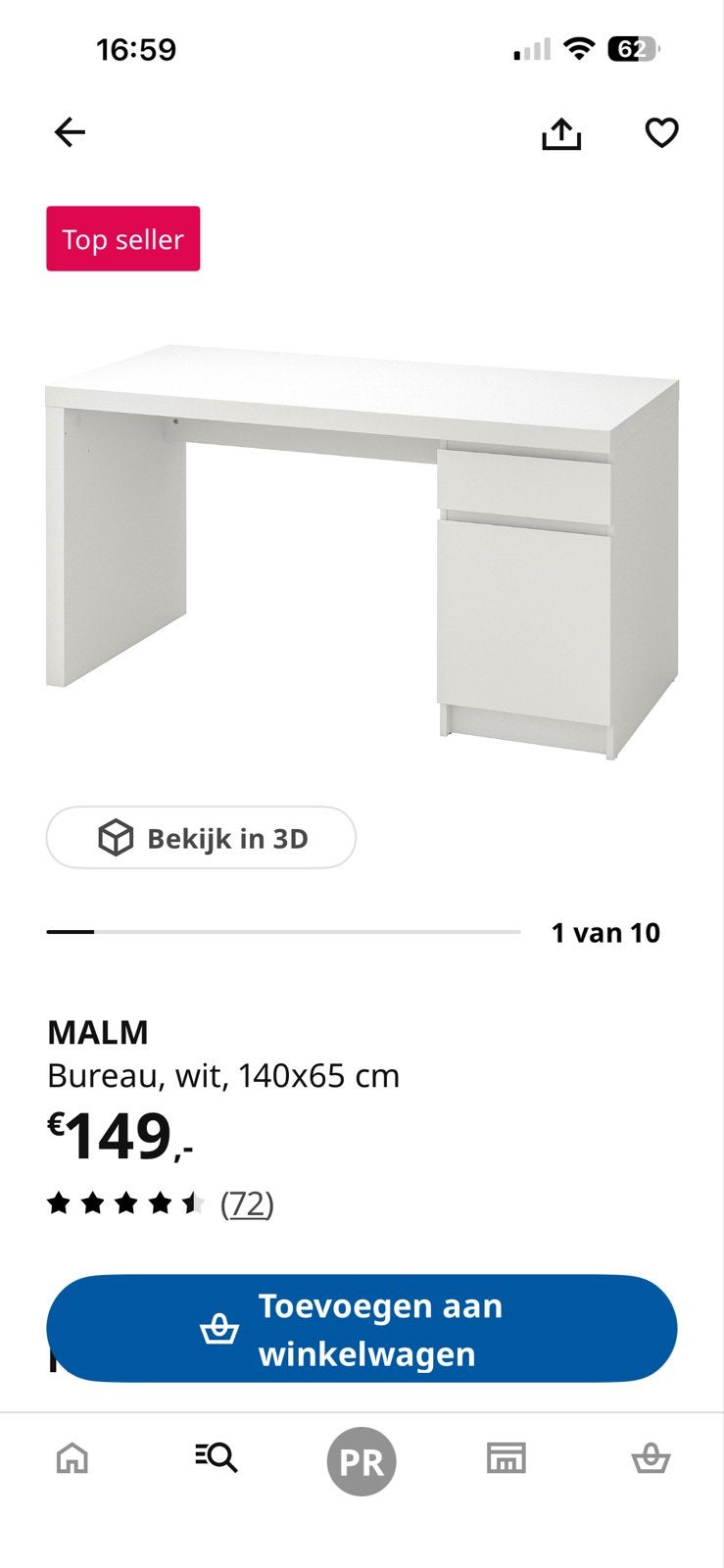 IKEA MALM Bureau wit met lades, 140x65 cm, Ophalen, Met lades, Spaanplaat of MDF, Zo goed als nieuw