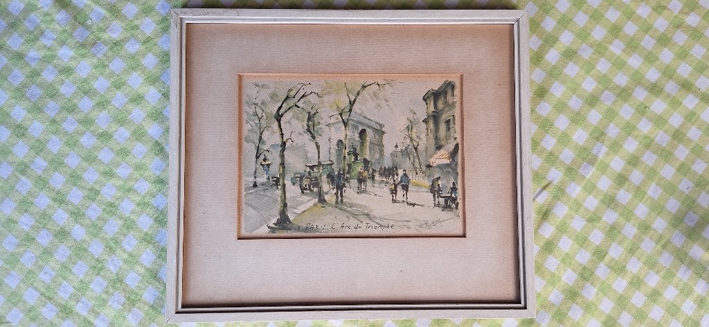 kleine aquarel Paris Arc de Triomphe, Origineel werk, Overige stijlen, Overige ondergronden, Ophalen of Verzenden