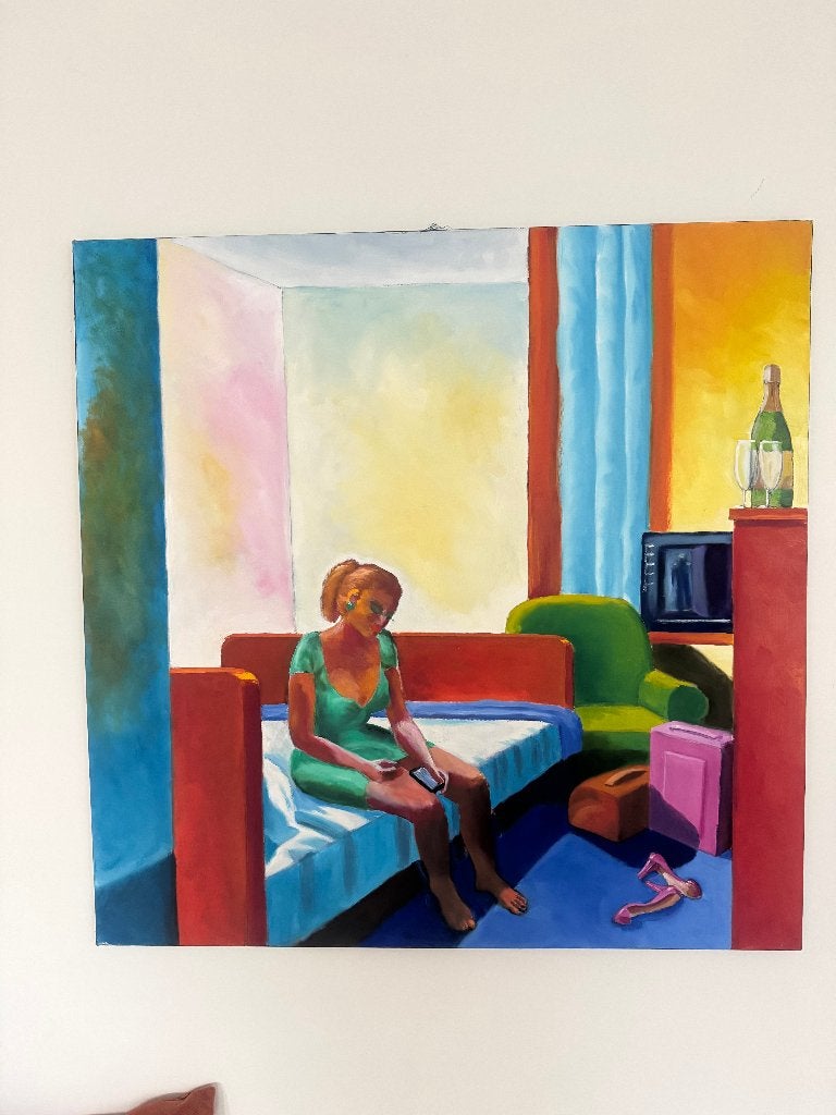Realistisch schilderij - vrouw op bed - 100x100cm, Ophalen, Doek, Portret of Personen, Realistisch