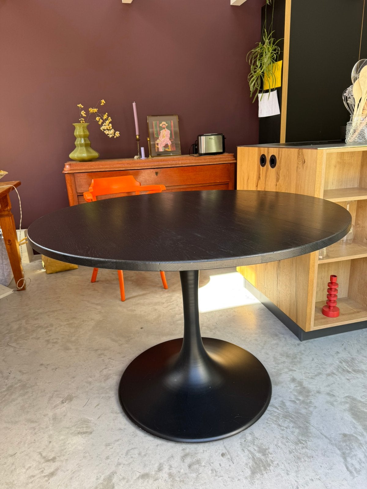 Ronde tafel zwarte eettafel WOOOD eikenh blad stevige poot, Huis en Inrichting, Ophalen, Gebruikt, 100 tot 150 cm, Rond
