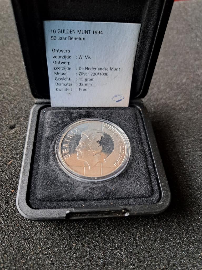 10 Gulden Munt 1994 - 50 Jaar Benelux Zilver Proof, Koningin Beatrix, Zilver, Ophalen of Verzenden, Losse munt