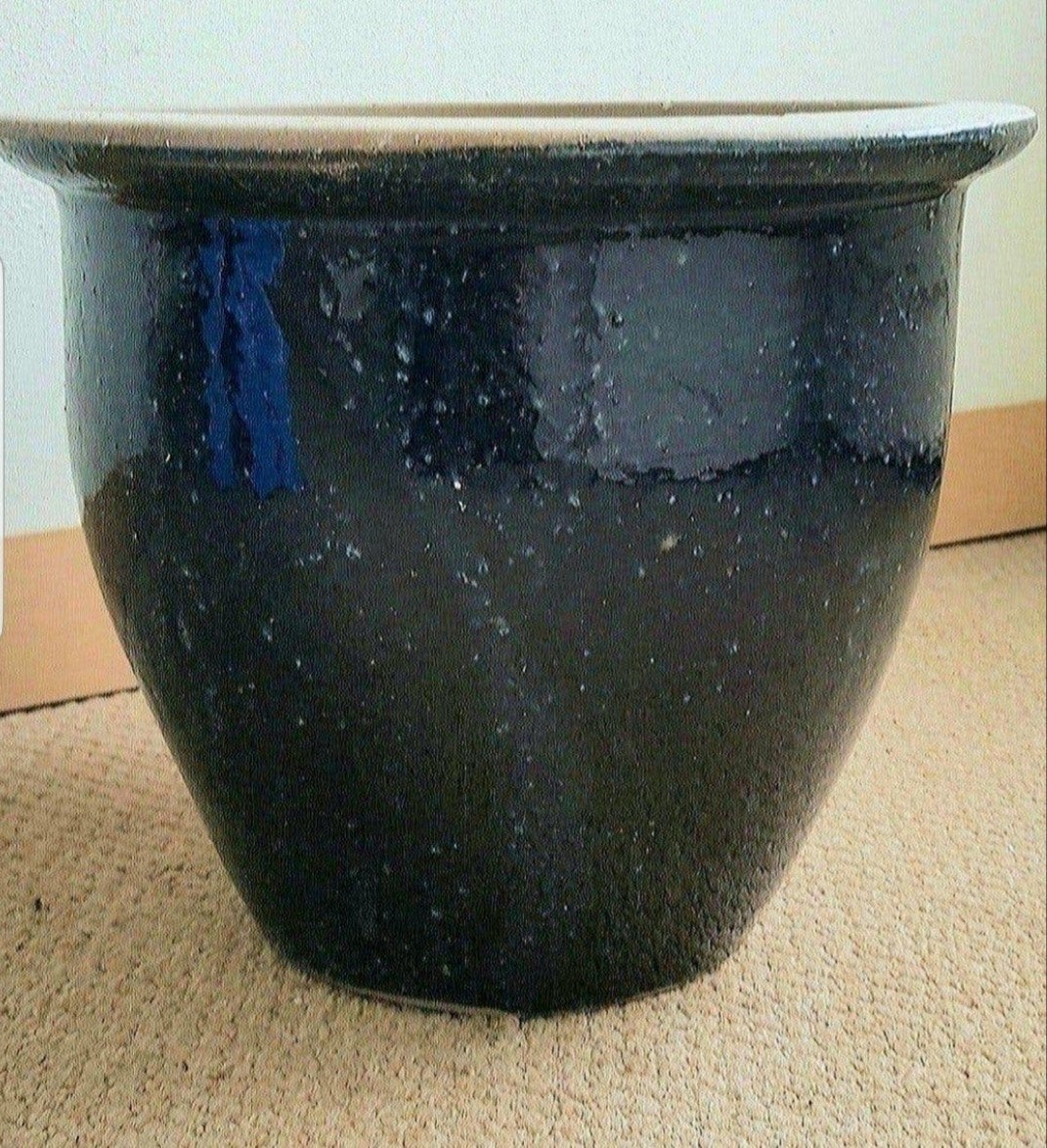Blauwe aardewerk plantenpot, Rond, Zo goed als nieuw, Minder dan 40 cm, Binnen
