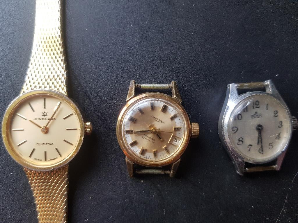 Drie dames klokjes. Lincoln auto, Junghans, Repuls opwinder, Overige merken, Staal, Gebruikt, Polshorloge