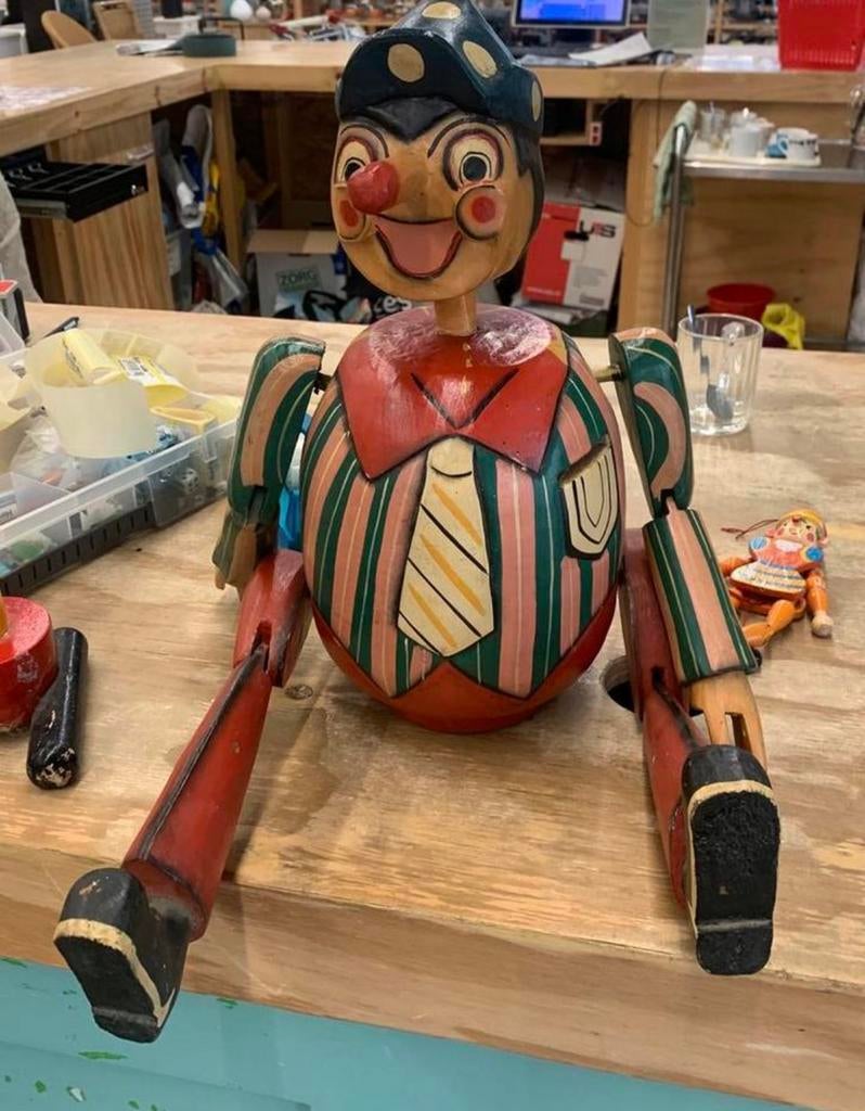 Oude leuke antieke houten Pinokkio spaarpot, Ophalen of Verzenden