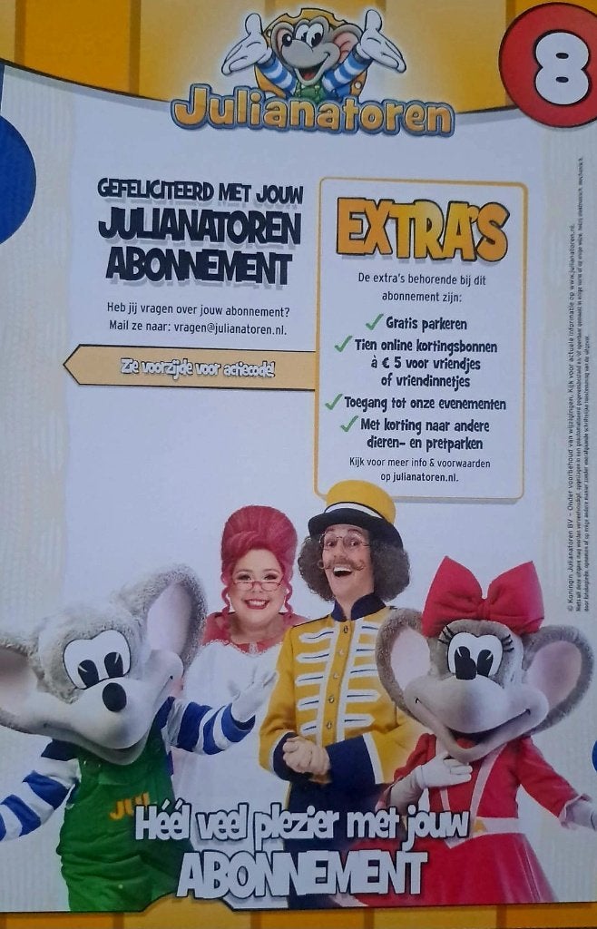 Attractiepark Julianatoren abonnement 2027 nu €225, Drie personen of meer, Ticket of Toegangskaart