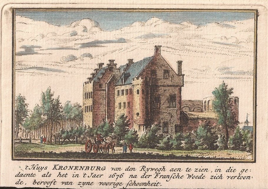 t Huys Kronenburg van den Rhywegh aen te zien 1676 gekleurd, Architectuur, Ophalen of Verzenden, 10 cm, 1700 - 1799