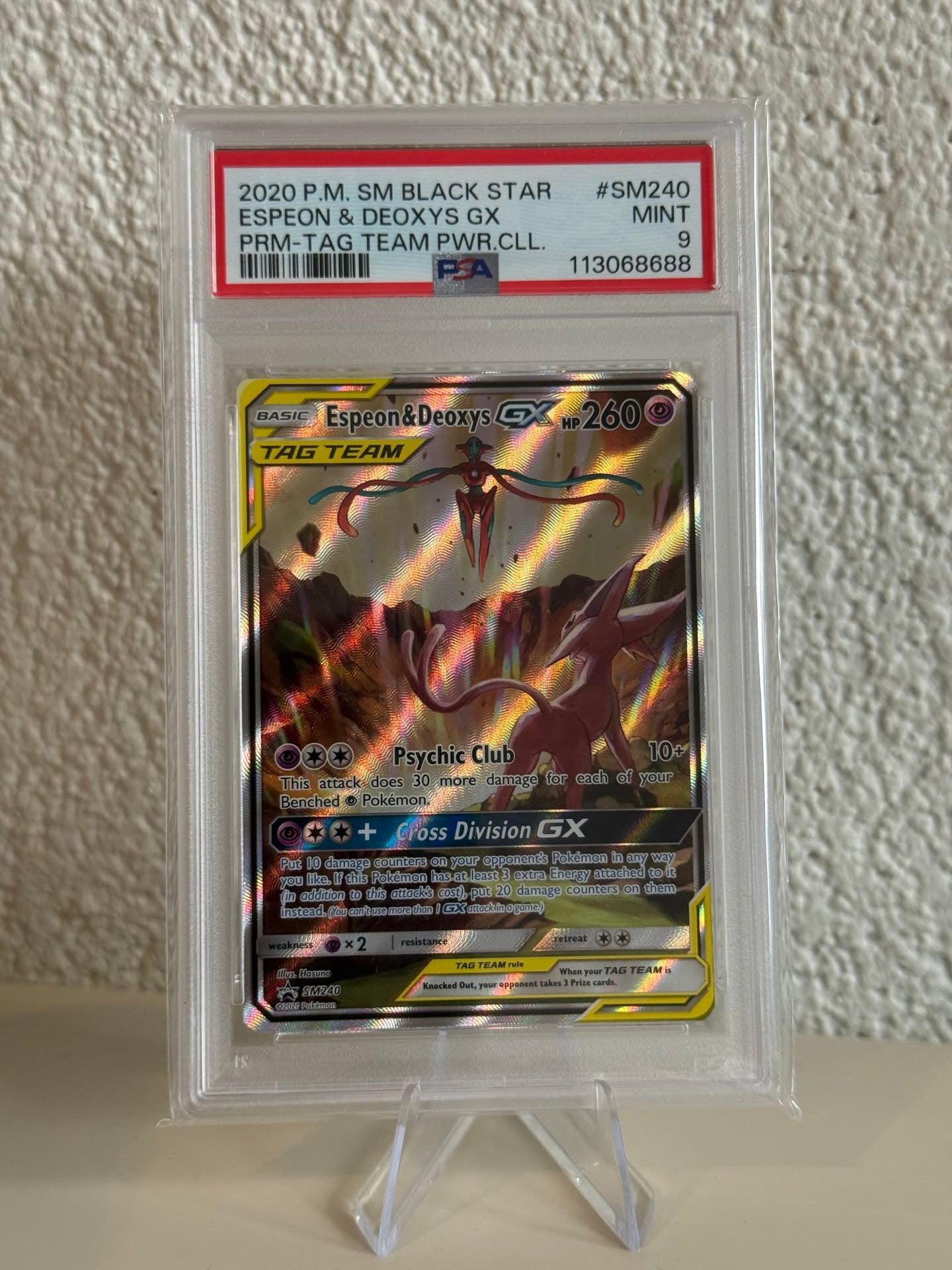 Pokemon | Espeon & Deoxys Gx | PSA 9 | Sm240 | 113068688, Ophalen of Verzenden, Zo goed als nieuw, Losse kaart