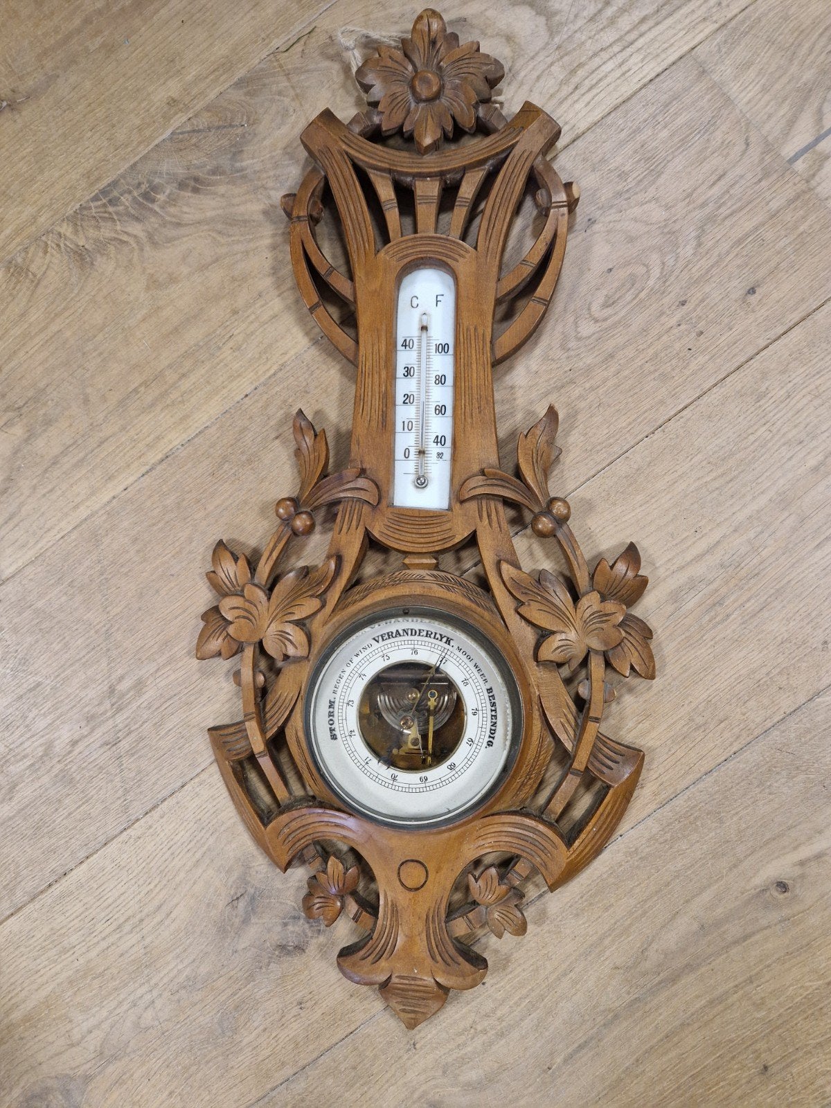 Antieke Barometer met Thermometer - Houtsnijwerk, Ophalen of Verzenden