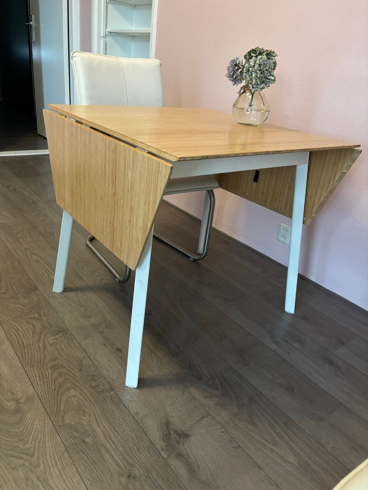 IKEA Hangoor Tafel Bamboe Blad, Metalen Poten, Ophalen, 100 tot 150 cm, 50 tot 100 cm, Zo goed als nieuw