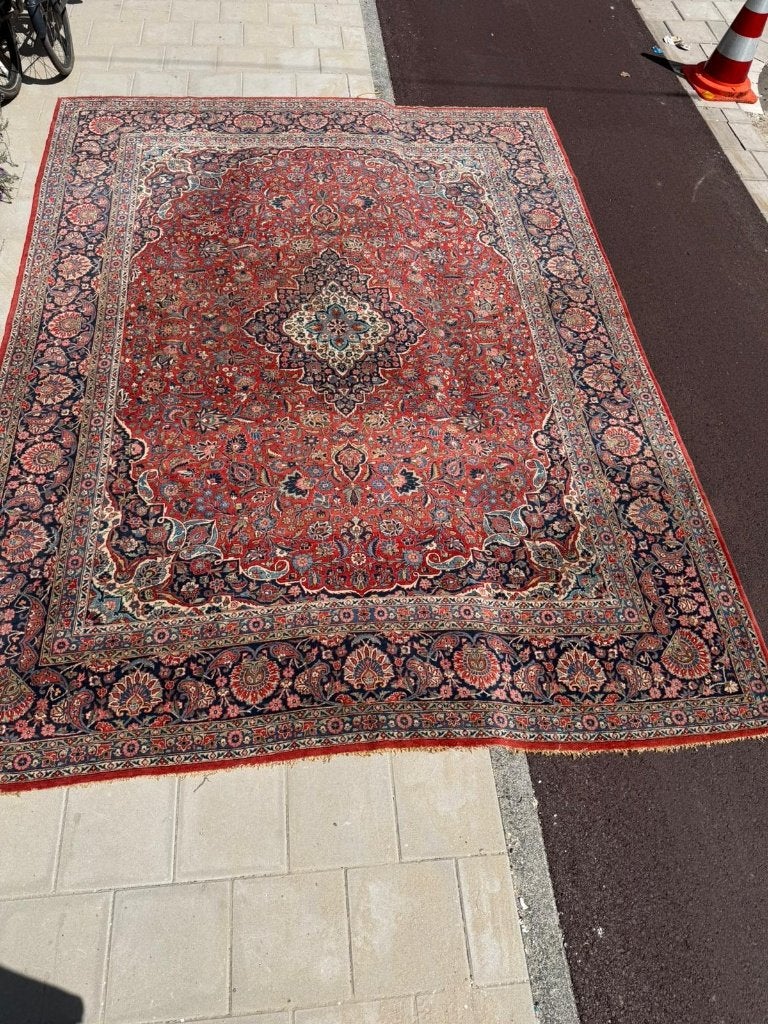 Authentiek Kashan tapijt – 365  275 cm – klassiek Perzisch, Crème, WOL, 200 cm of meer, Ophalen of Verzenden