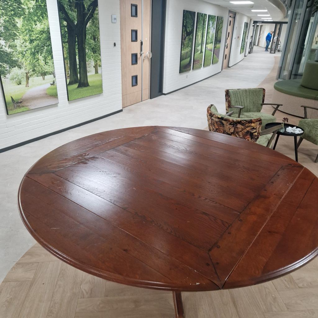 Vintage ronde eikenhouten tafel, inklapbaar, Antiek en Kunst, Antiek | Meubels | Tafels, Ophalen of Verzenden
