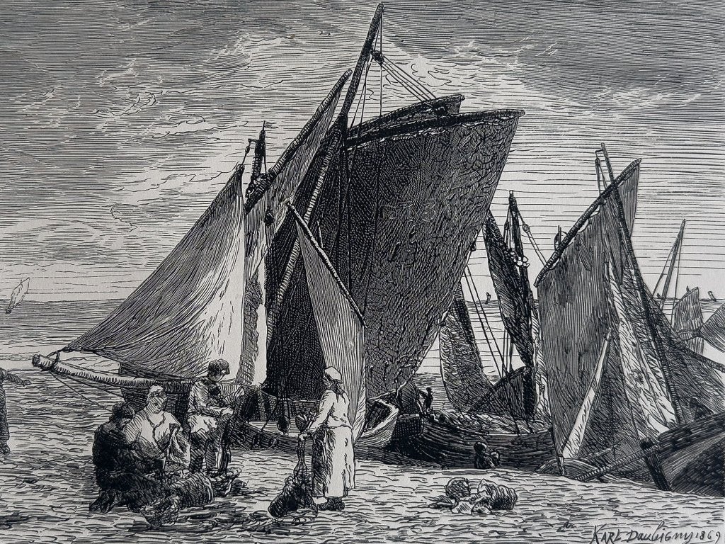 Originele gravure - Vissersboten, Karl Daubigny - Salon 1869, Antiek en Kunst, Kunst | Etsen en Gravures, Verzenden, 40 cm, 30 cm