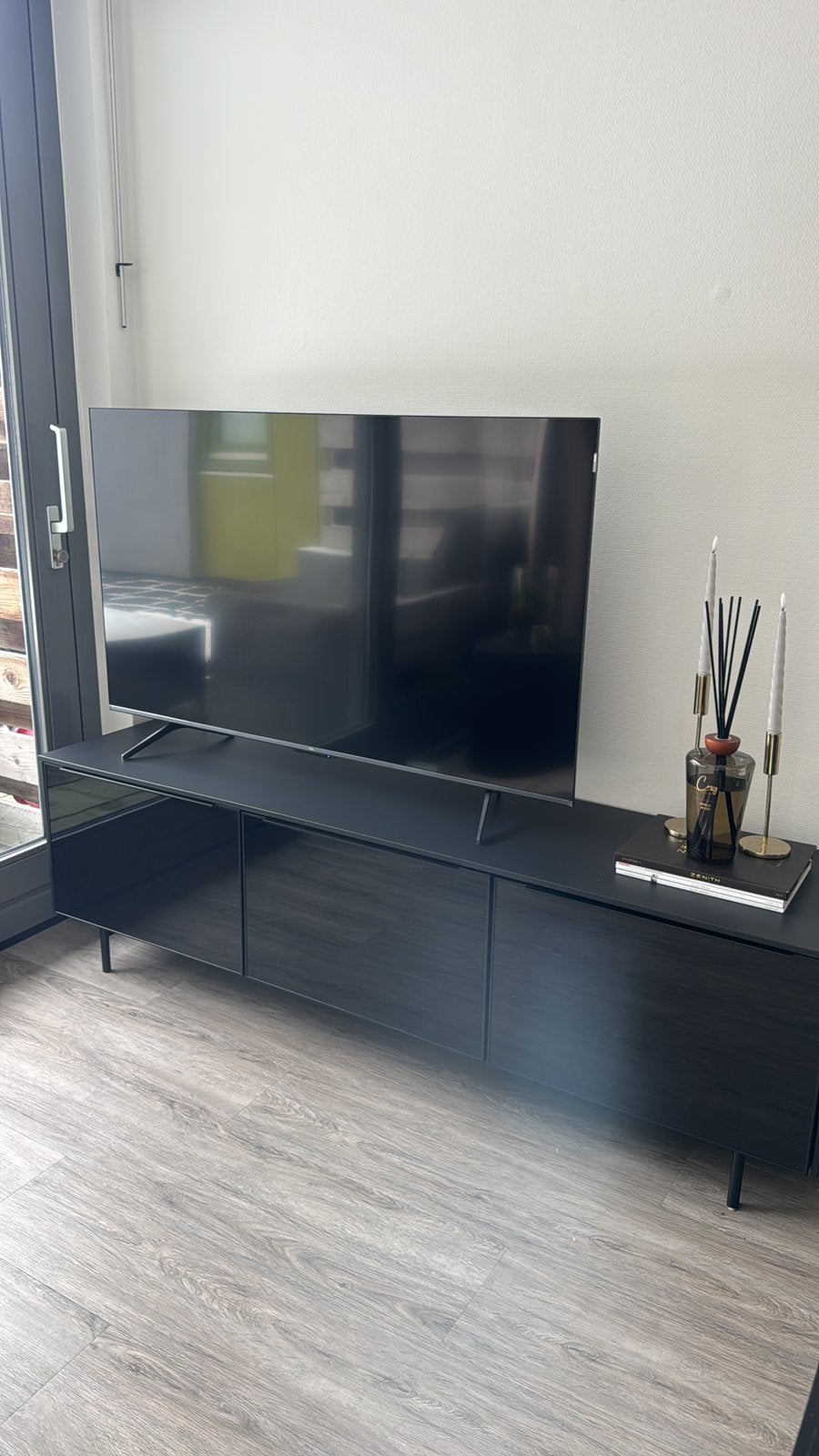 Ikea Rannas tv meubel dressoir zwart glazen deurtjes, Ophalen, Glas, 150 tot 200 cm, Zo goed als nieuw
