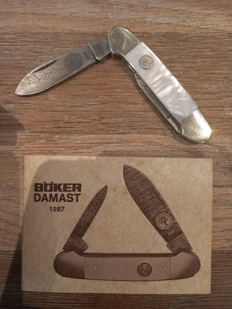 Böker 1987 jaar mes damast, Ophalen of Verzenden, Landmacht, Duitsland, Mes of Dolk