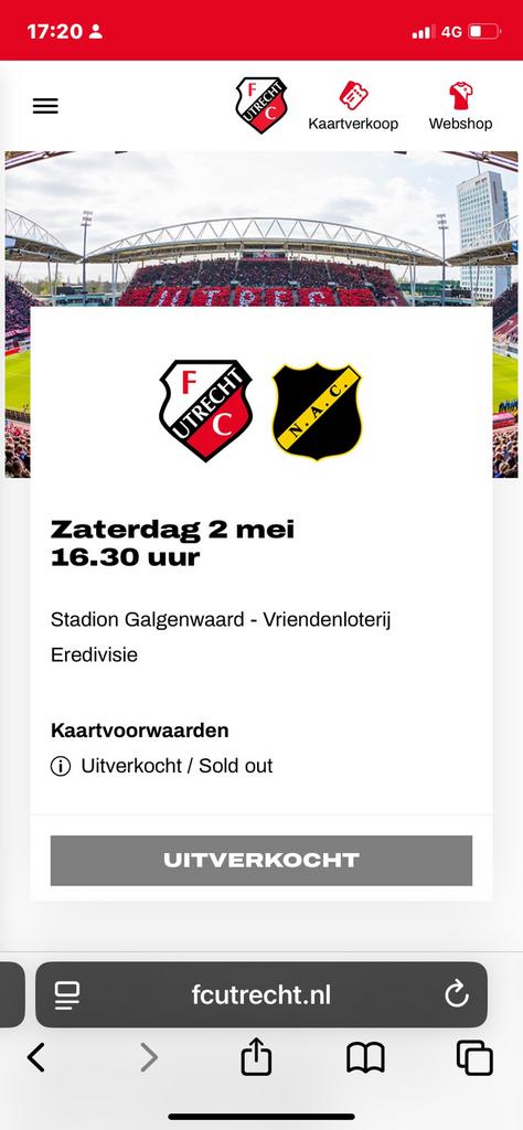 FC Utrecht -NAC  2 kaartjes vak N te koop, Tickets en Kaartjes