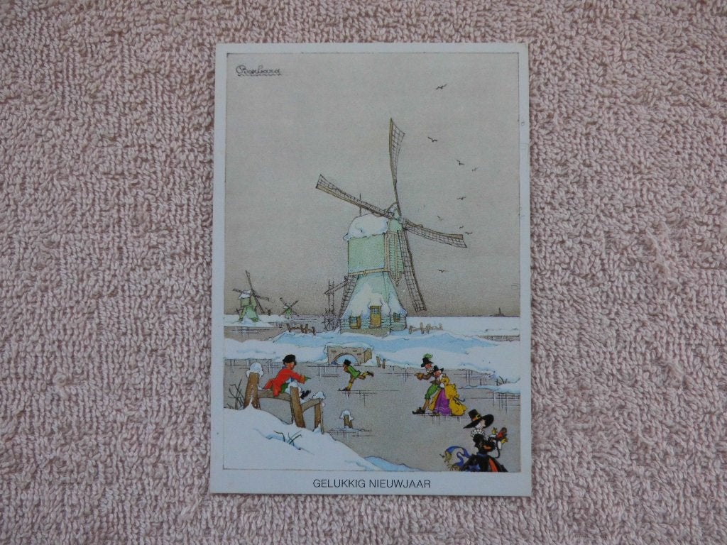Ansichtkaart Gelukkig Nieuwjaar - Schaatsen bij molen, Verzamelen, Ophalen of Verzenden, 1960 tot 1980, Gelopen, Sport en Spel