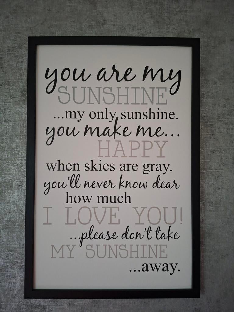 Tekstbord 'You Are My Sunshine' - Ingelijst, Huis en Inrichting, Woonaccessoires | Tekstborden en Spreuken, Ophalen of Verzenden