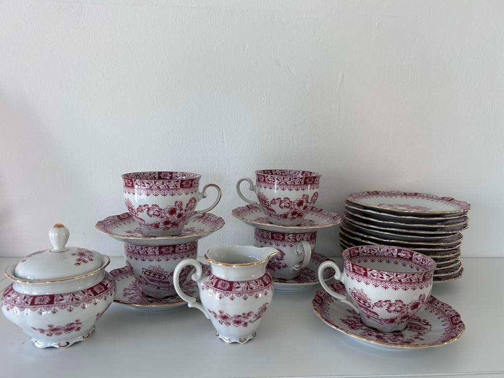 Vintage porseleinen theeservies rood-wit met gouden rand, Antiek en Kunst, Ophalen of Verzenden