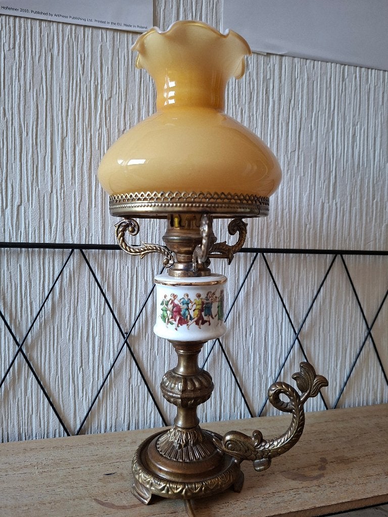 Brocante vintage tafellamp glas en porselein, Antiek en Kunst, Curiosa en Brocante, Ophalen