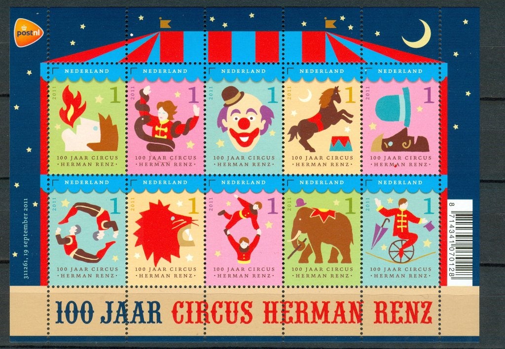 Ned. NVPH 2868-2877 100 jaar Circus Herman Renz. 2011, Ophalen of Verzenden, Na 1940, Postfris