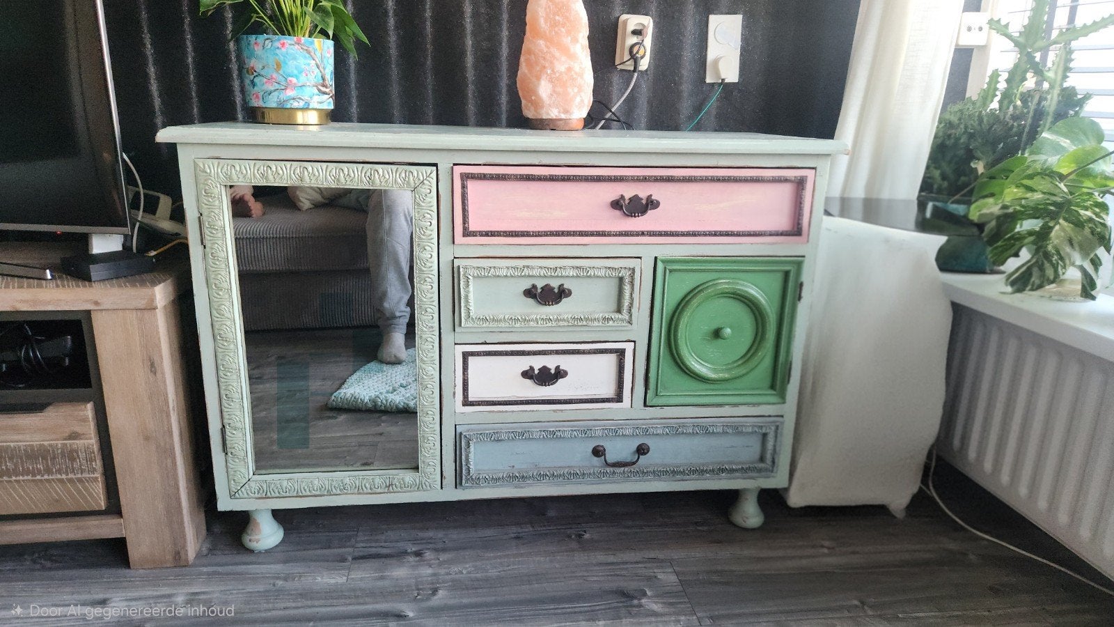 Unieke ladekast met spiegel en kleurrijke lades, Ophalen, Bohemian, Speels, Vintage, Gebruikt, 100 tot 150 cm