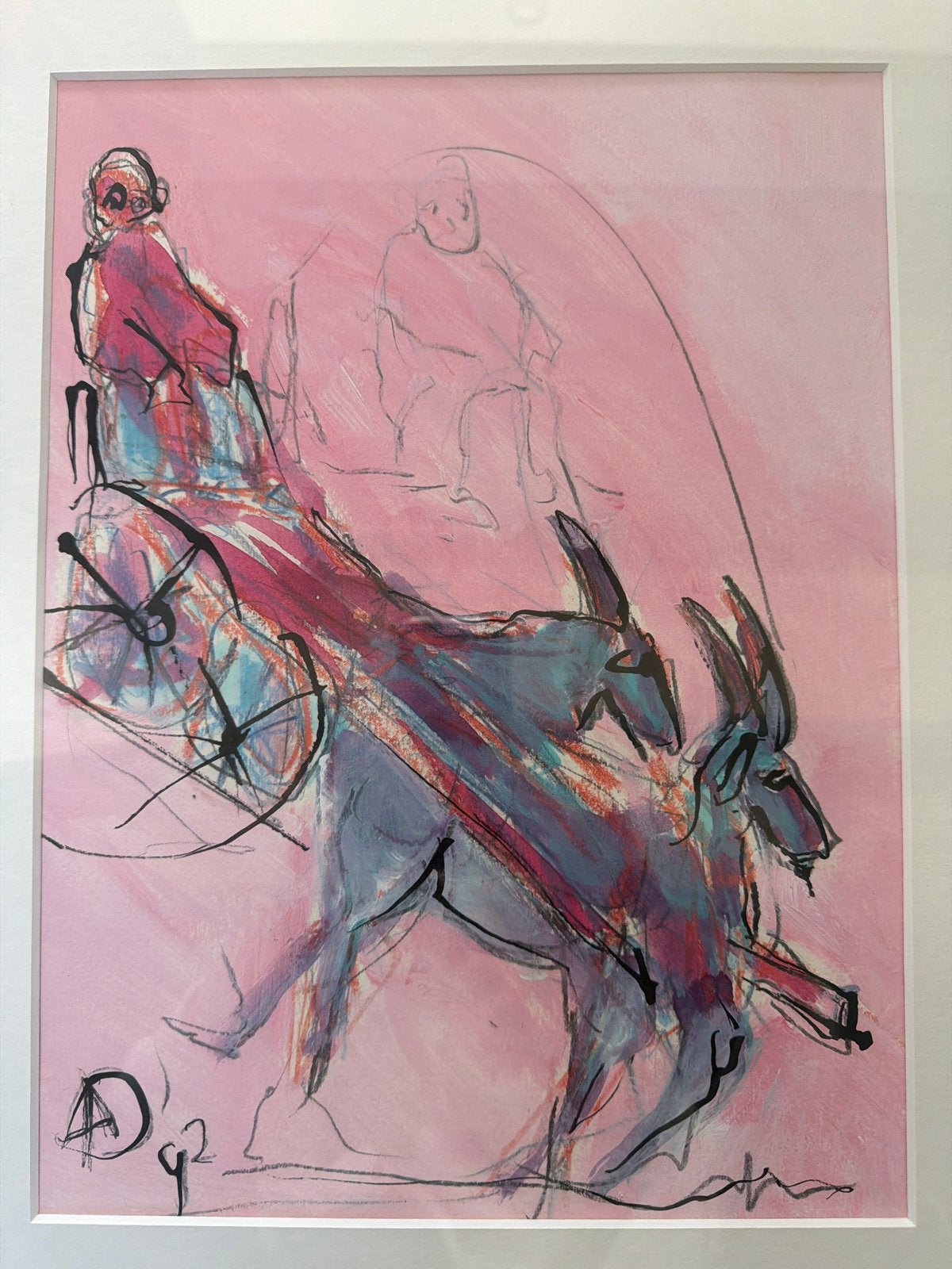 Schilderij van een persoon in paardenkar, gesigneerd, Ophalen, Tekening, Gemengde techniek, Achter glas