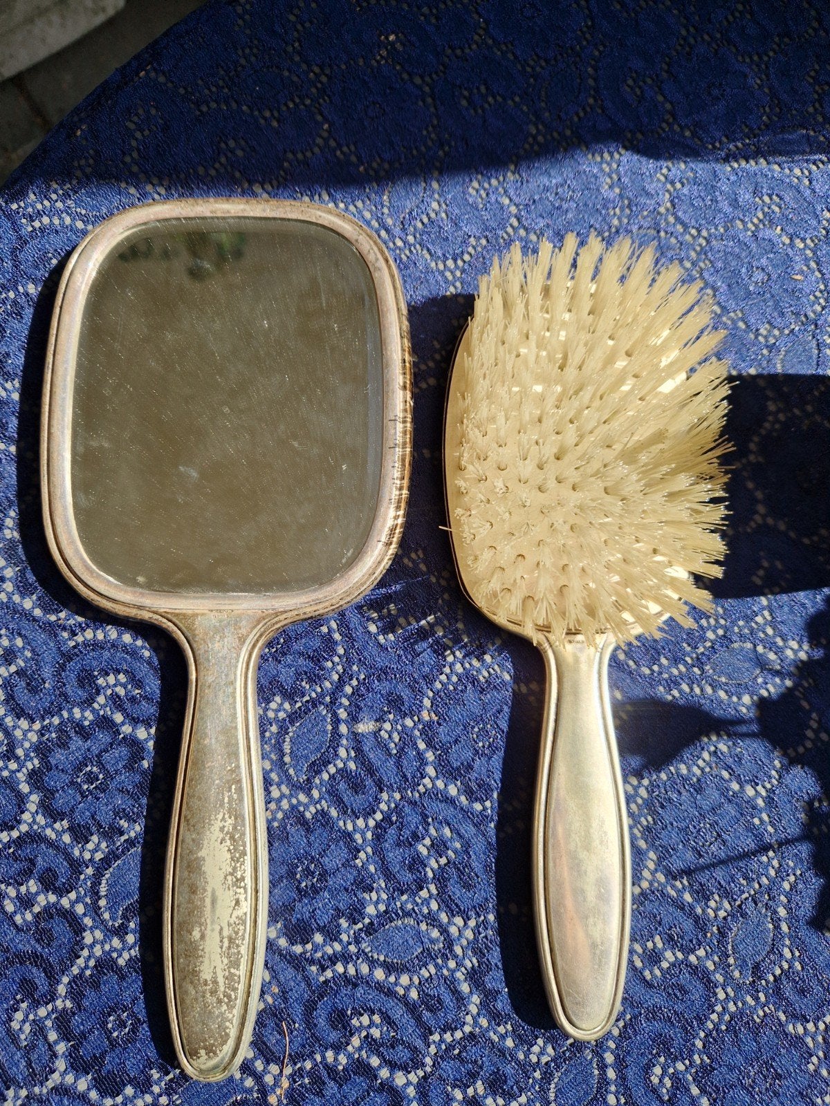 Antieke spiegel en borstel set - Alpaca zilver, Ophalen of Verzenden