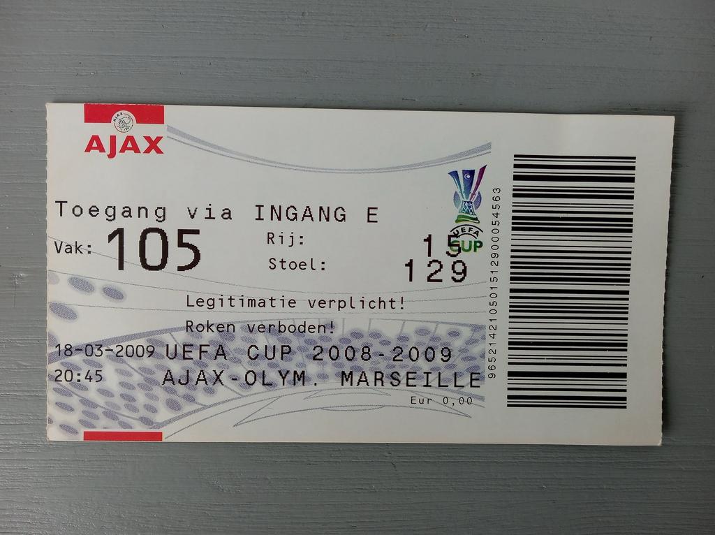 Ticket Ajax - Olympique Marseille 2008/09 Uefa Cup, Ophalen of Verzenden, Zo goed als nieuw, Ajax, Overige typen