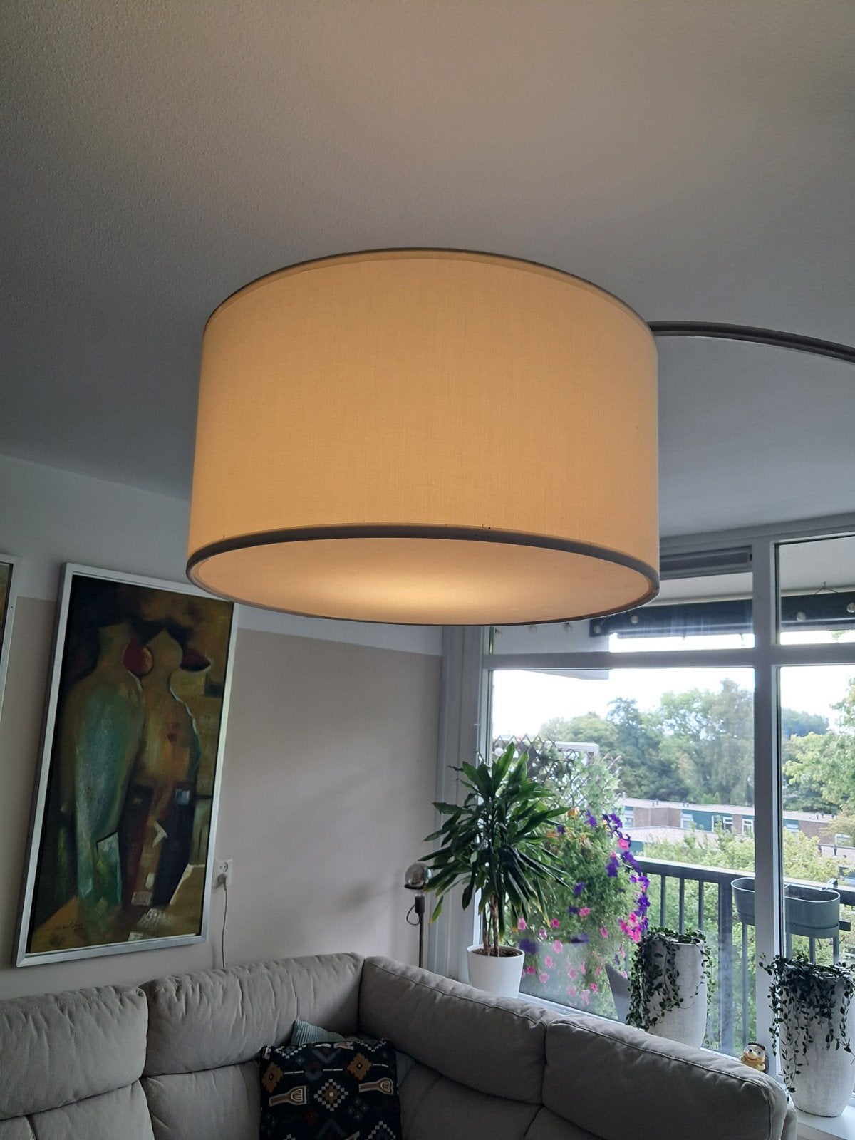 Grote booglamp met stoffen kap en marmeren voet, Gebruikt, Modern, Industrieel, 200 cm of meer, Textiel
