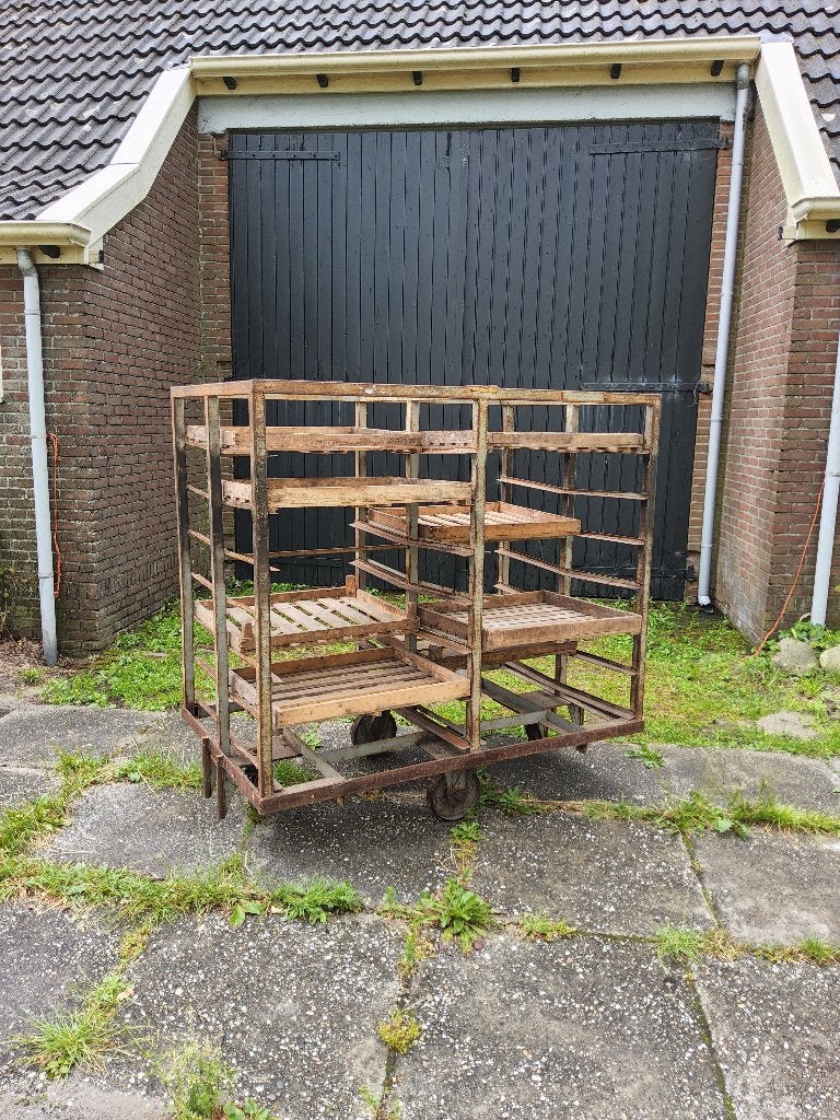 Oude industriële broodkar stalen broodrek op wielen XL, Ophalen, Gebruikt
