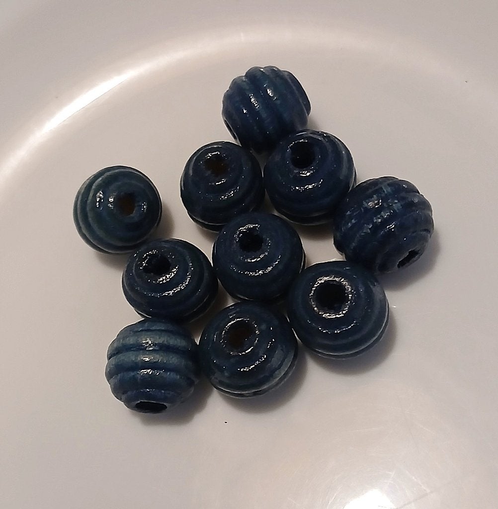 10 Kralen donker blauw met ribbel, van hout , zie tekst, Verzenden, Nieuw, Kraal