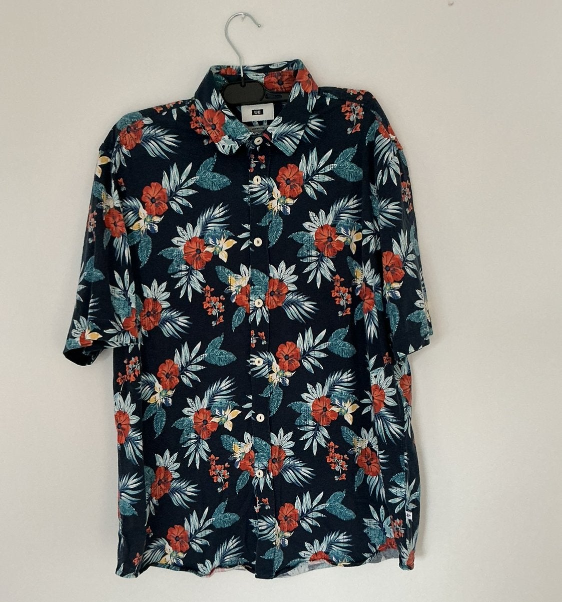 Overhemd bloem, met korte mouwen. Maat. L, Ophalen of Verzenden, Zo goed als nieuw, Blauw, Halswijdte 41/42 (L)