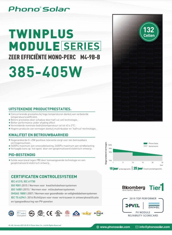 15x Phono Solar 405wp Full Black zonnepanelen (Smal formaat), Ophalen, Nieuw, Paneel, 200 wattpiek of meer