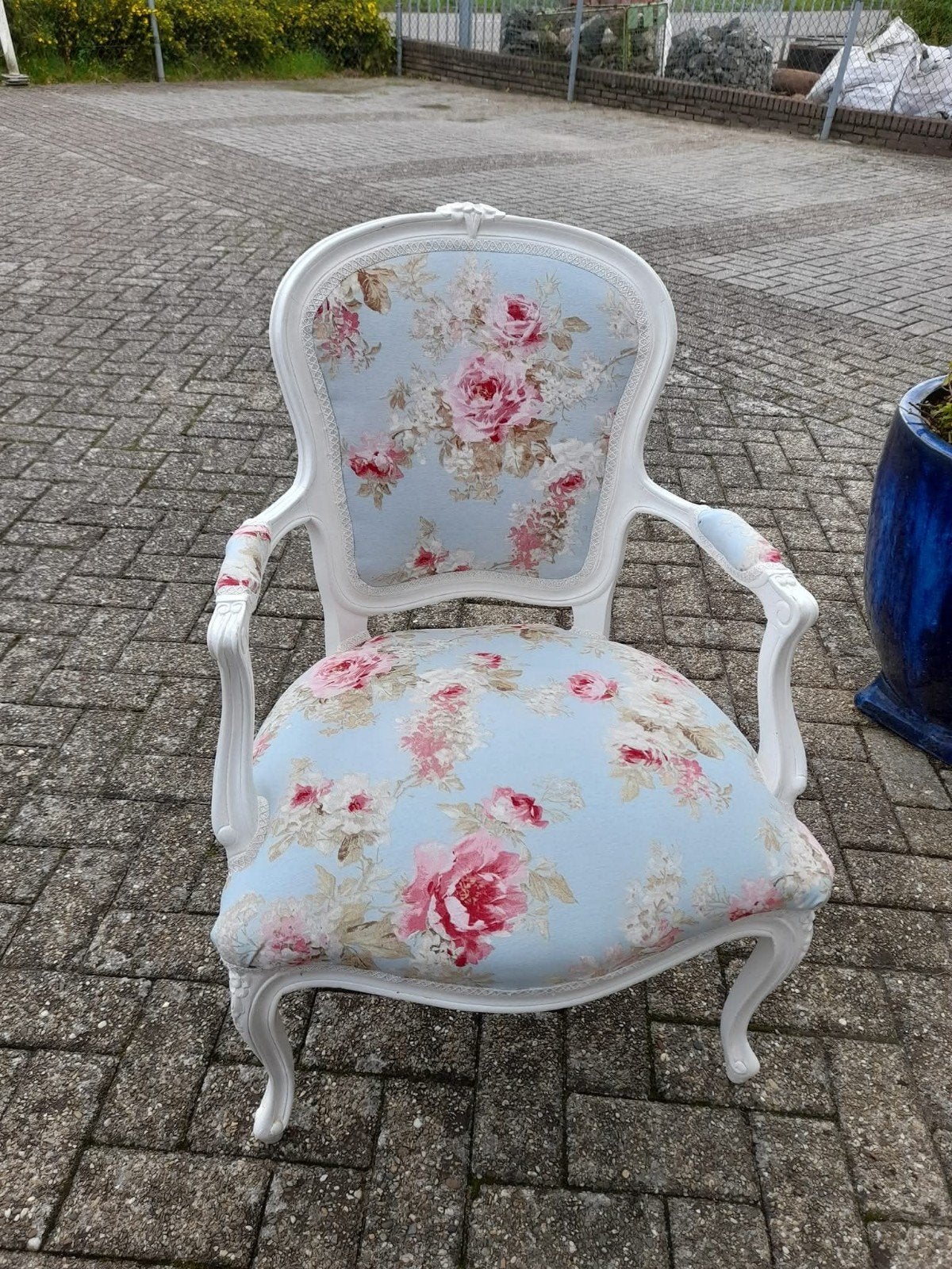 Brocante barok dames fauteuil opnieuw gestoffeerd, Ophalen, Zo goed als nieuw, 75 tot 100 cm