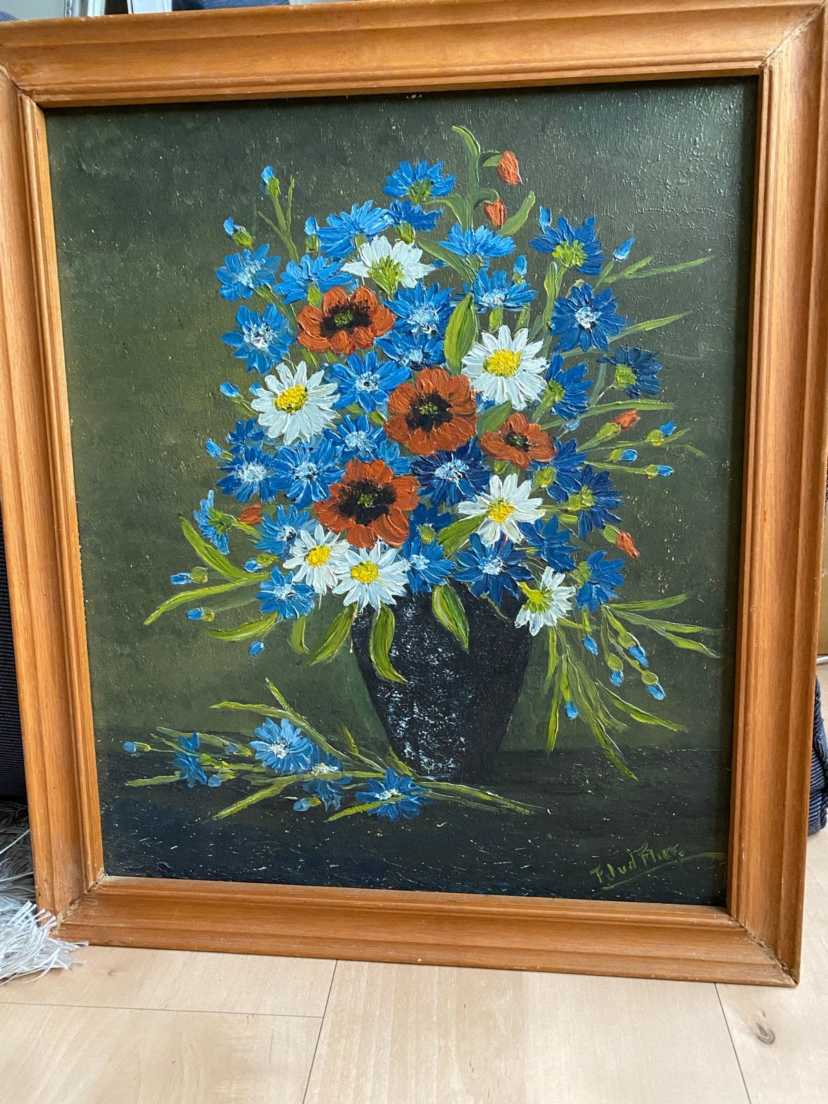 Schilderij bloemenvaas - Olieverf op doek - 48x41 cm, Bloemen, Doek, Realistisch, Ophalen of Verzenden