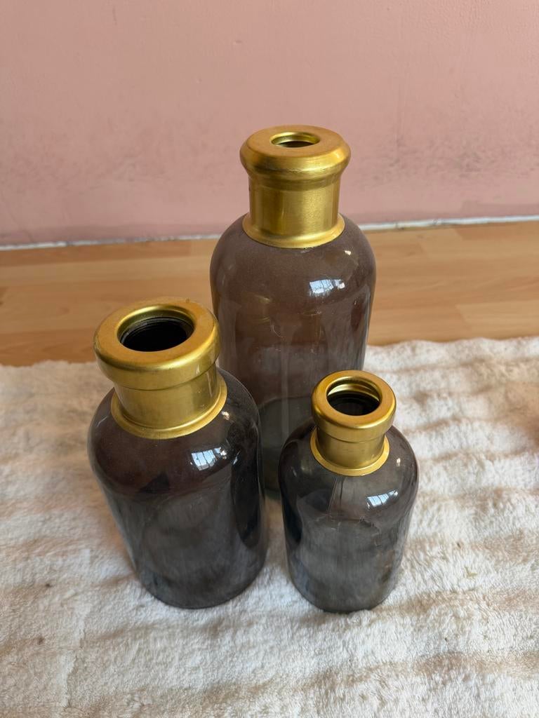 Set van 3 glazen vazen met gouden accenten, Huis en Inrichting, Woonaccessoires | Vazen, Ophalen, Overige kleuren, Minder dan 50 cm