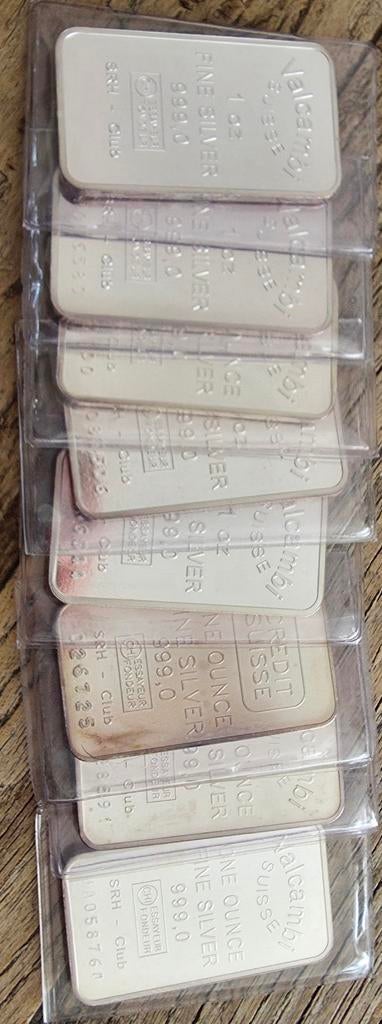 8x 1 oz Zilver Baartjes - Valcambi & Credit Suisse in Seal, Ophalen of Verzenden, Zilver