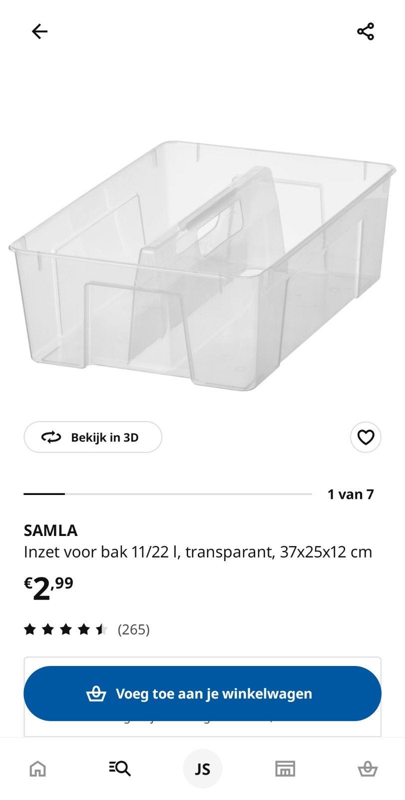 Ikea Samla inzet voor bak 11/22L - 37x25x12 cm, Ophalen, Gebruikt