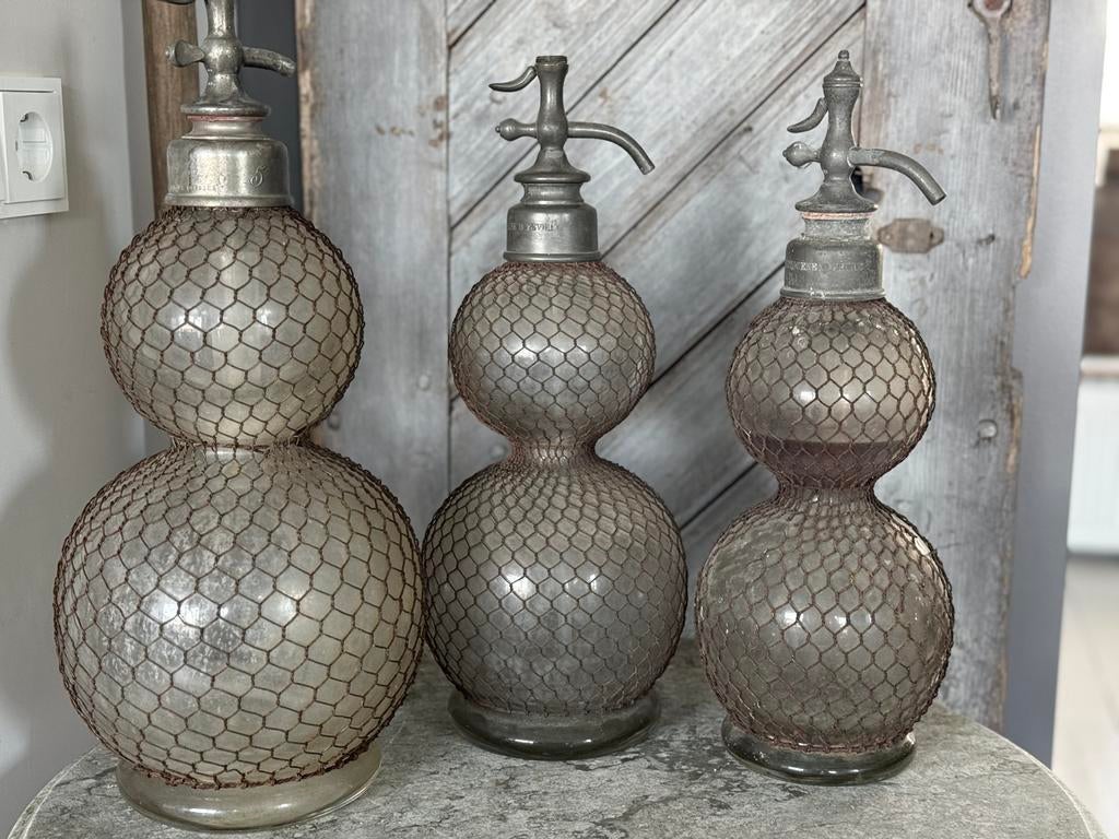 3 Antieke Seltzogene Spuitflessen - Dubbele Bol - Parijs, Antiek en Kunst, Antiek | Overige Antiek, Ophalen of Verzenden