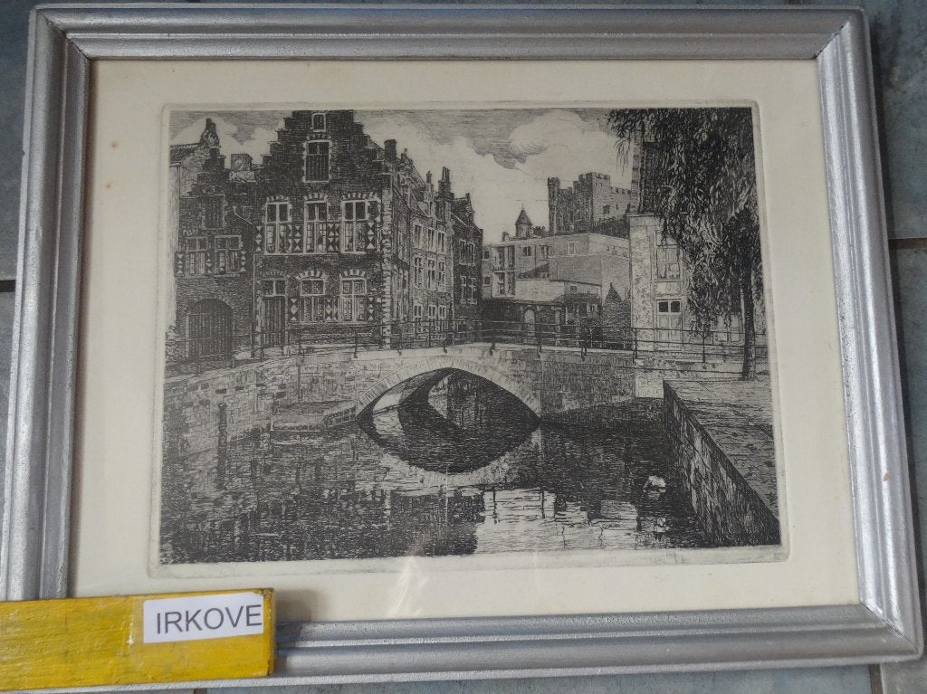 FRAAIE ETS AAN DE GRACHT * Gent Of Leiden ? *, Genummerd, Ets, Stadsgezicht, Ophalen of Verzenden
