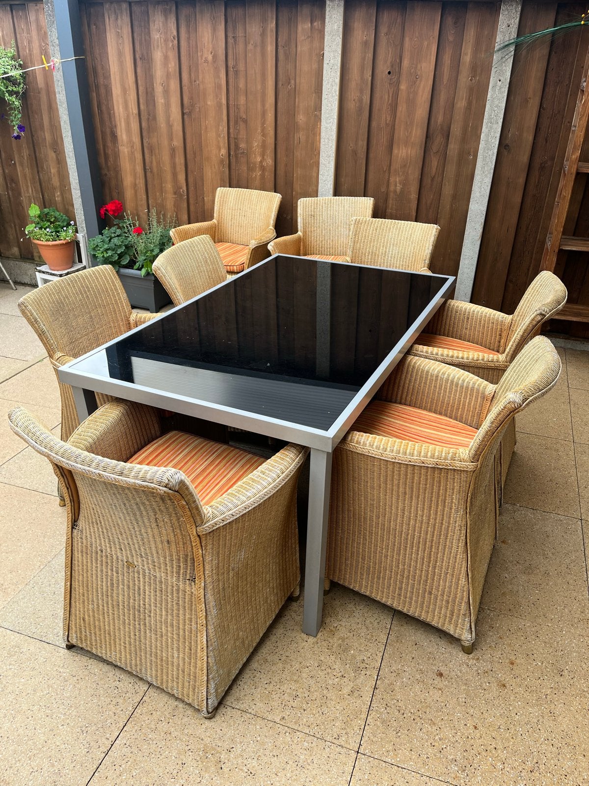 Lloyd Loom Tuinset met 6 stoelen en tafel (150x90x75cm), Ophalen, Gebruikt, Eettafel, Rotan