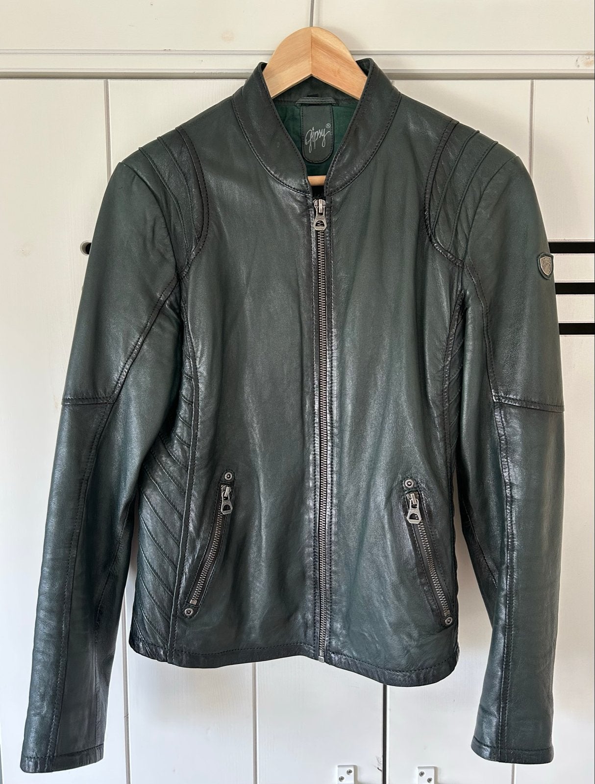 Donkergroen leren jasje Gipsy maat L, Kleding | Dames, Ophalen of Verzenden, Zo goed als nieuw, Maat 42/44 (L), Groen