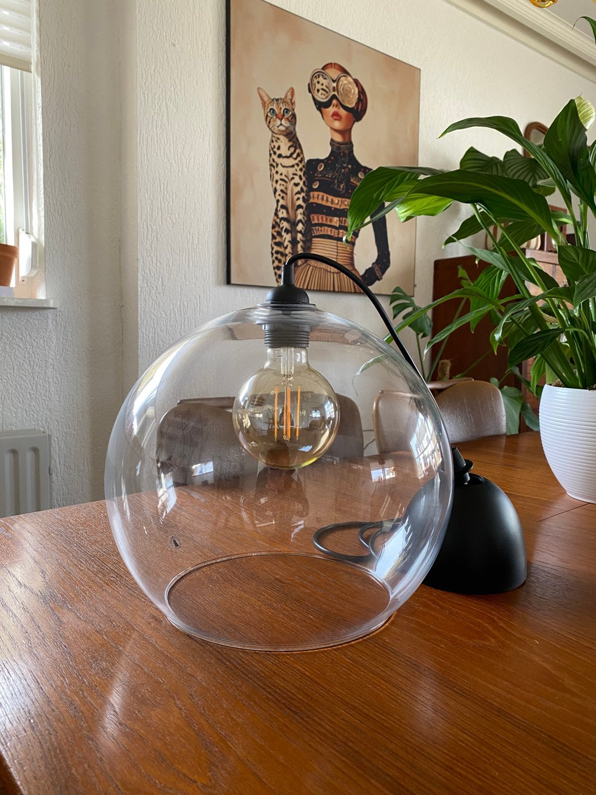 Glazen bolle lamp vintage look, Huis en Inrichting, Lampen | Hanglampen, Ophalen of Verzenden, Zo goed als nieuw, Glas, Minder dan 50 cm