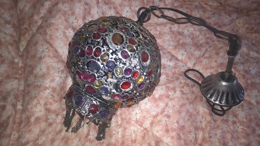 HANGLAMP ZILVER GEKLEURDE STEENTJES FRANJE, Ophalen, Gebruikt, 50 tot 75 cm